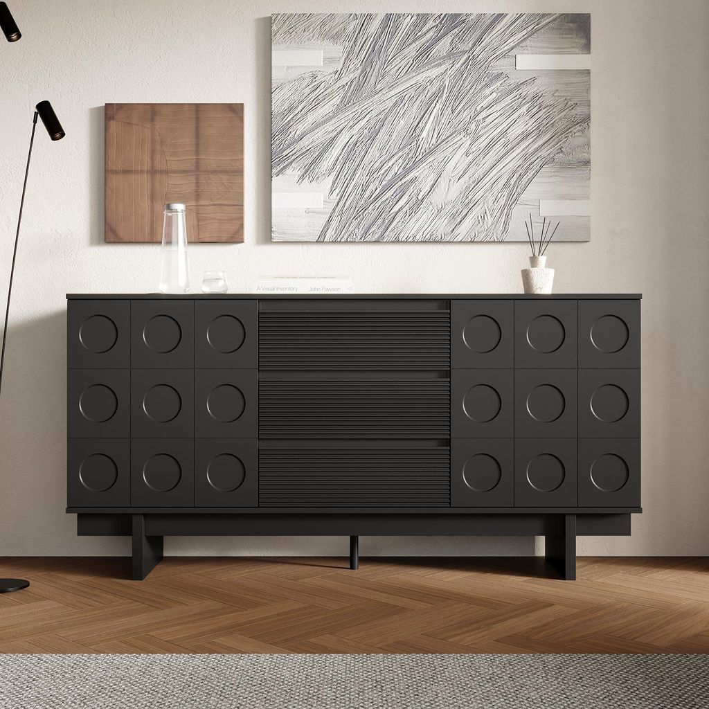 Sideboard mit 3 Schubladen und 2 Türen, Küchenschrank mit hohen Schrankbeinen, für Wohnzimmer, Küche, Esszimmer, Schwarz, MDF, 160 × 40 × 80 cm