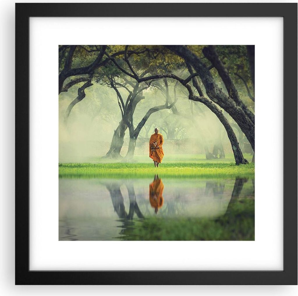Gerahmtes Poster - Schwarzer Rahmen - Mönch Wald Nebel - 30x30 cm - Wand Bild - Wanddeko - Wandbilder - Kunstposter - Wandposter - Bilderrahmen - ...