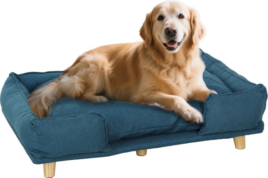 Waschbares Hundesofa, Haustierbett mit abnehmbarem Polster in Natur und Dunkelblau
