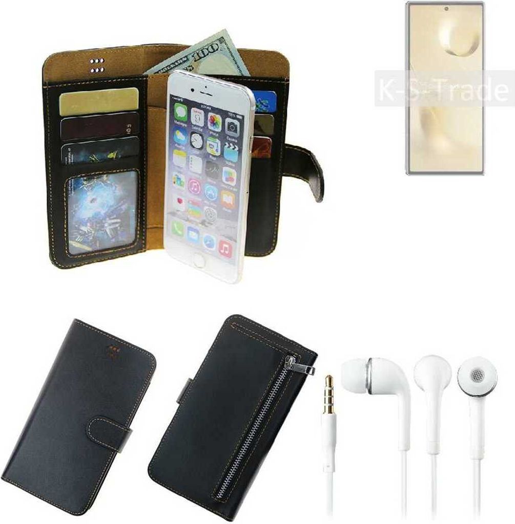 TOP SET Handy Hülle Schutz Hülle kompatibel mit Xiaomi Mi MIX Fold 2 schwarz aus Kunstleder + Kopfhörer Smartphone Tasche vollwertige Geldbörse