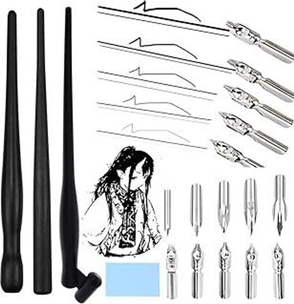 Rwekdza Federhalter für Comics Kalligraphie Set, 10 Federn inkl. G/D/Round/Studend Federn & 0.75/1/1.5/2/3mm, 3 Typ Kaligraphiestifte Zeichenfeder...