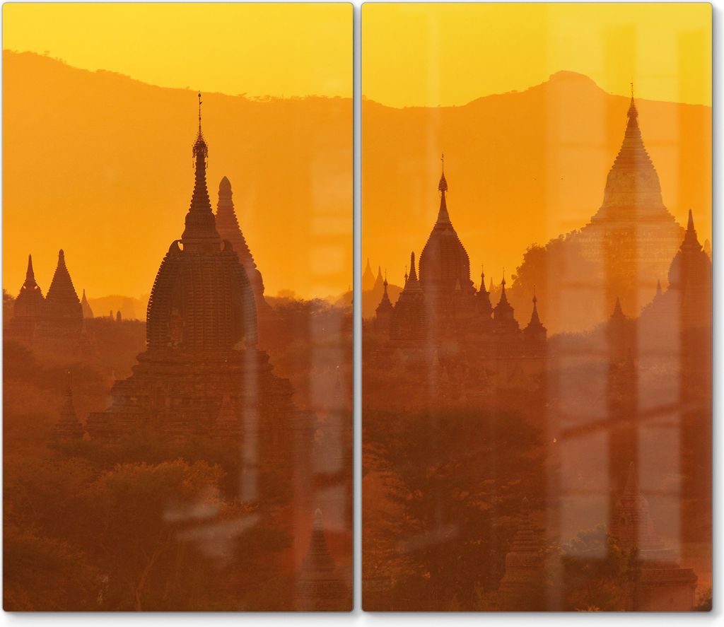 DEQORI Herdabdeckplatte Glas 2-tlg 'Goldene Stupas' Abdeckplatte Küche Glaskeramikkochfeld Herd