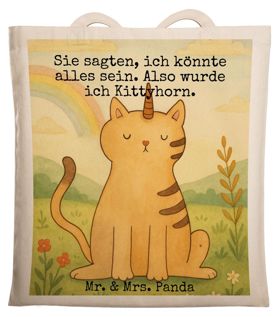 Mr. & Mrs. Panda Jutebeutel Einhorn Katze Design - Weiß - Geschenk, Unicorn, Regenbogen, Tasche, Glitzer, Shopping, Mieze, Tote Bag, Laptoptasche,...