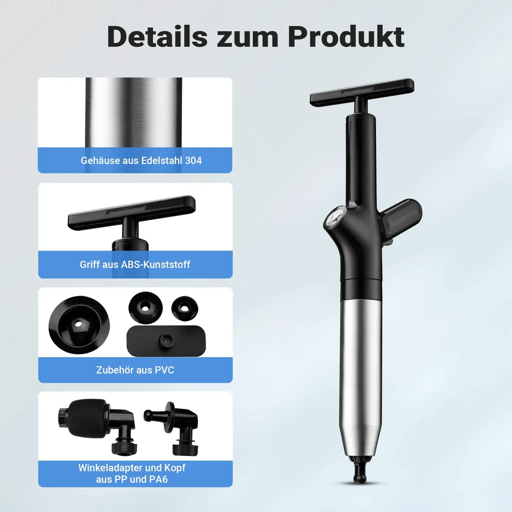 Idropulitrice ad aria compressa Wiltec con attacchi e accessori, pulizia efficiente dei tubi con aria compressa, idropulitrice in acciaio inox e TPE, idropulitrice ad alta pressione per applicazioni versatili - 7