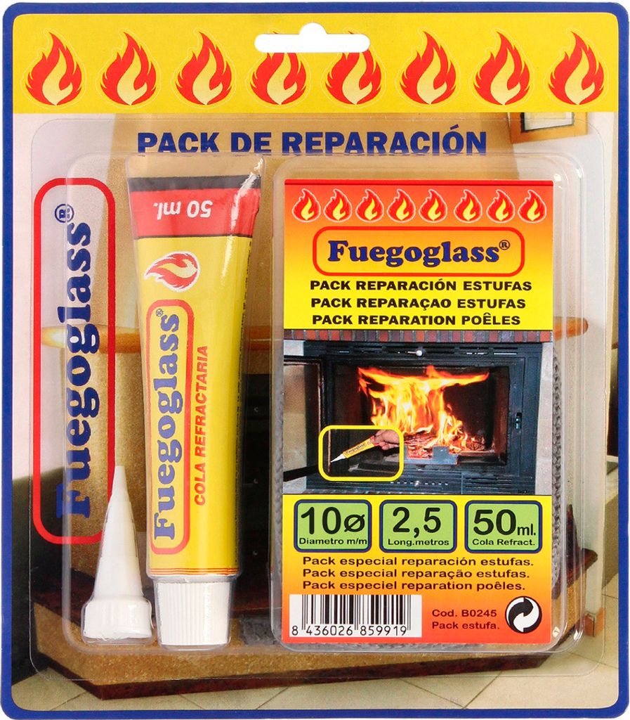 Reparaturset für Öfen / Kamine, Kleber + Schnur 10 mm. x 2,5 m.