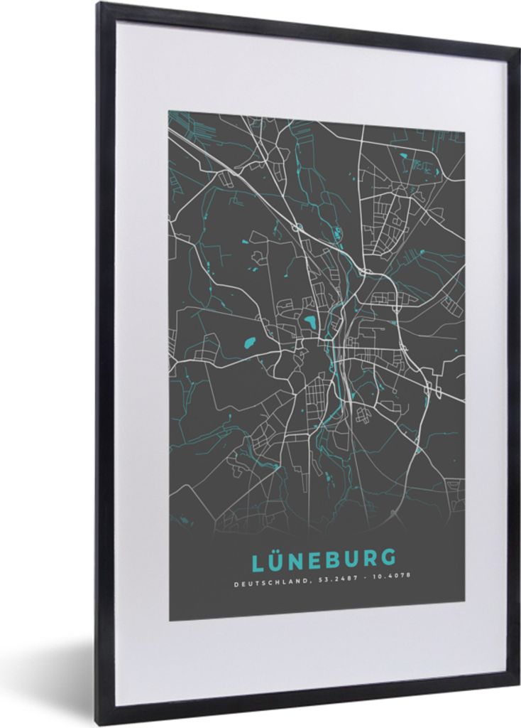 MuchoWow Gerahmtes Poster Blau - Deutschland - Karte - Stadtplan - Lüneburg 40x60 cm - Poster mit Schwarzem Bilderrahmen Wandposter Rahmen Foto ...