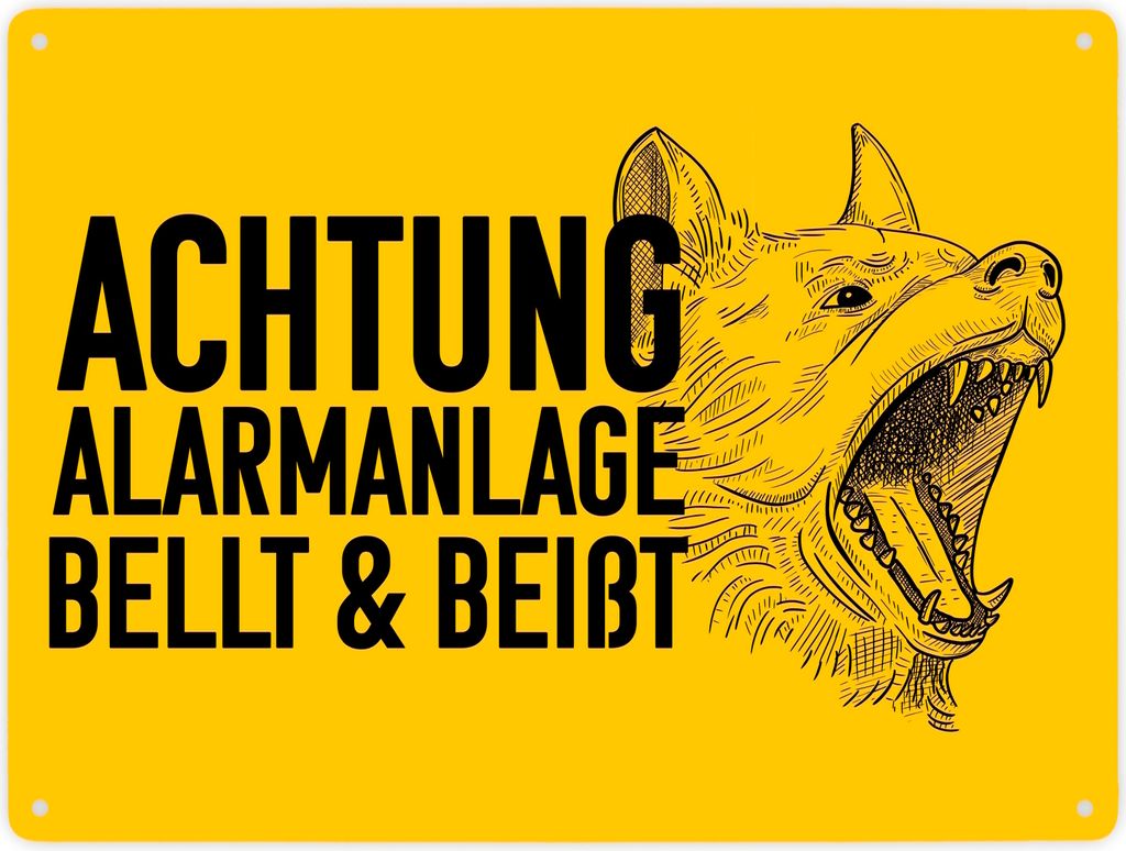 Achtung Alarmanlage bellt und beißt Metallschild XXL in 28x38 cm mit Hunde Motiv