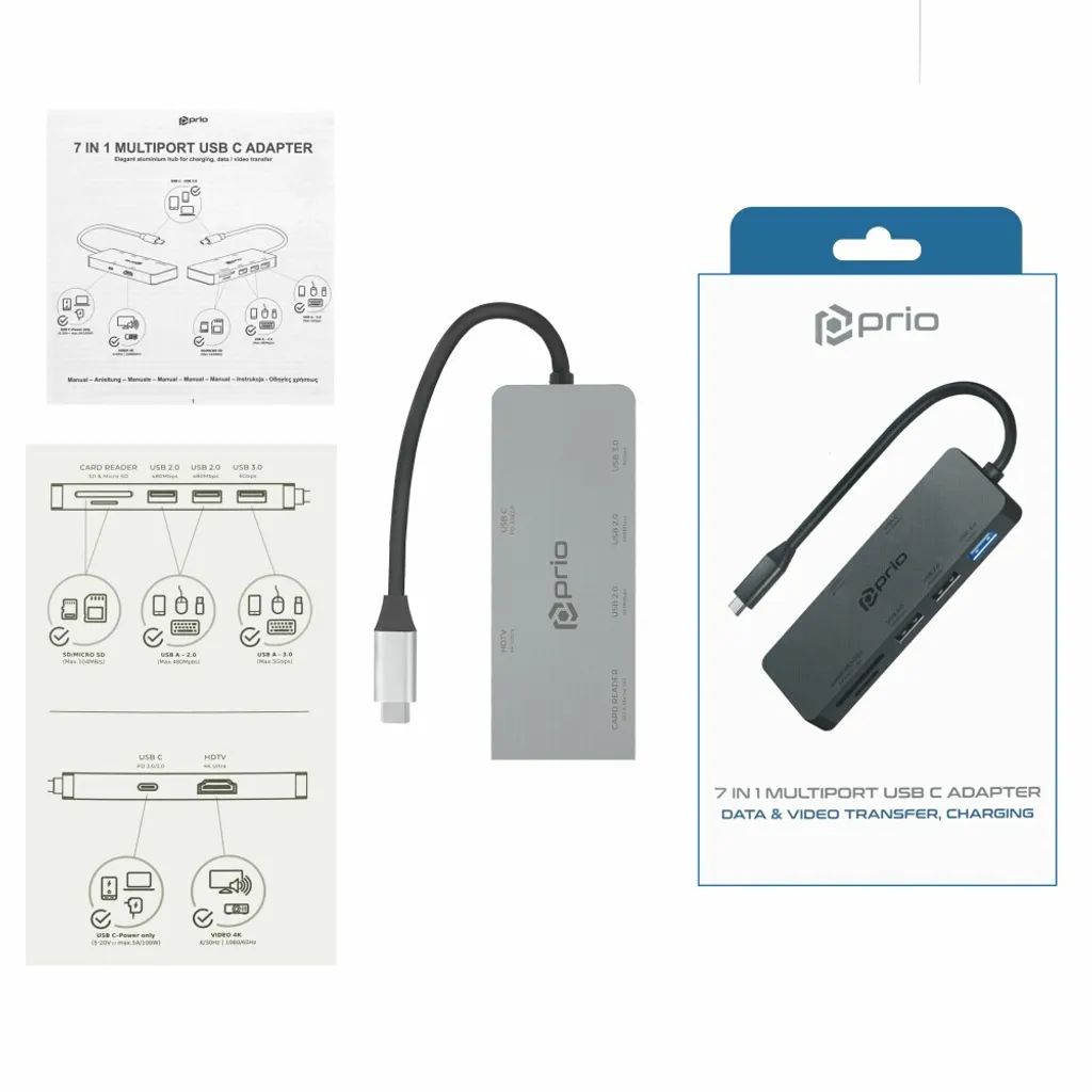 Docking Station USB-C Prio 7in1 Alluminio - Alta Velocità e 4K - 7