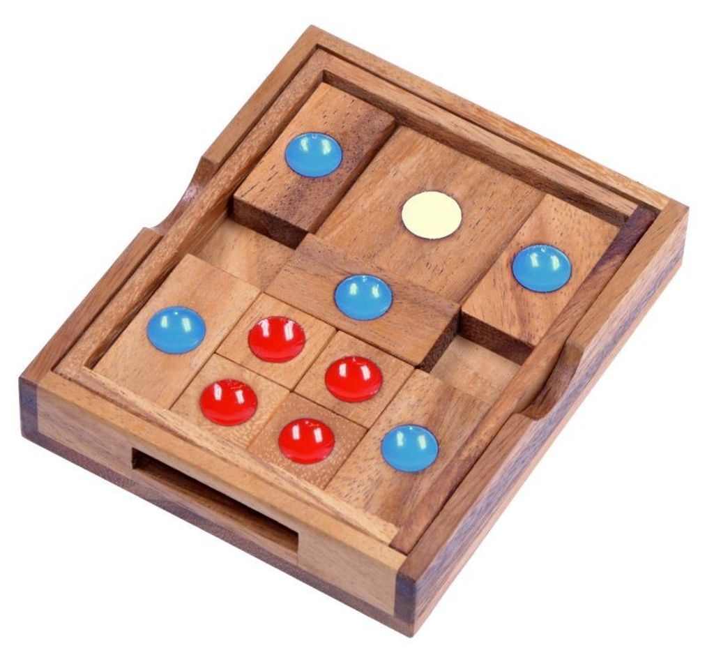 A wooden sliding puzzle with colorful marbles.