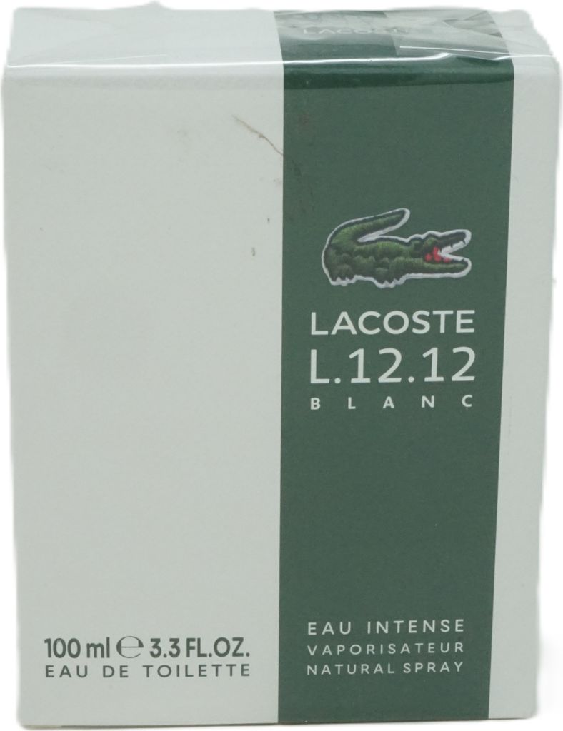 A product box for Lacoste L.12.12 Blanc Eau Intense Edt Spray.