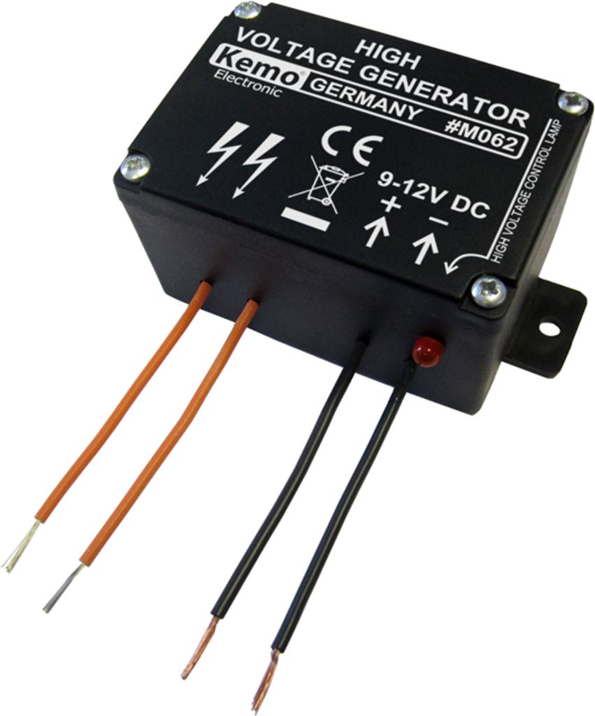 A black high voltage generator with wires and a red LED light.