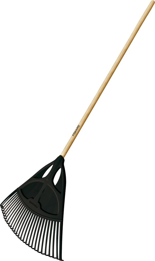 A Fiskars leaf rake against a white background.