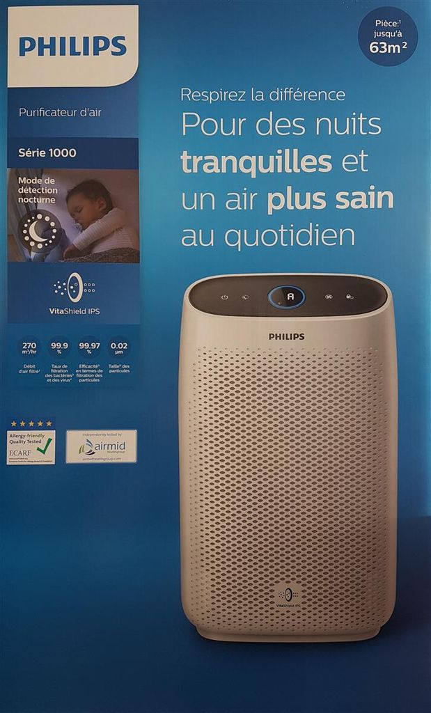 A Philips air purifier is shown on the right side of the image, with marketing text and an image of a sleeping child on the left side.