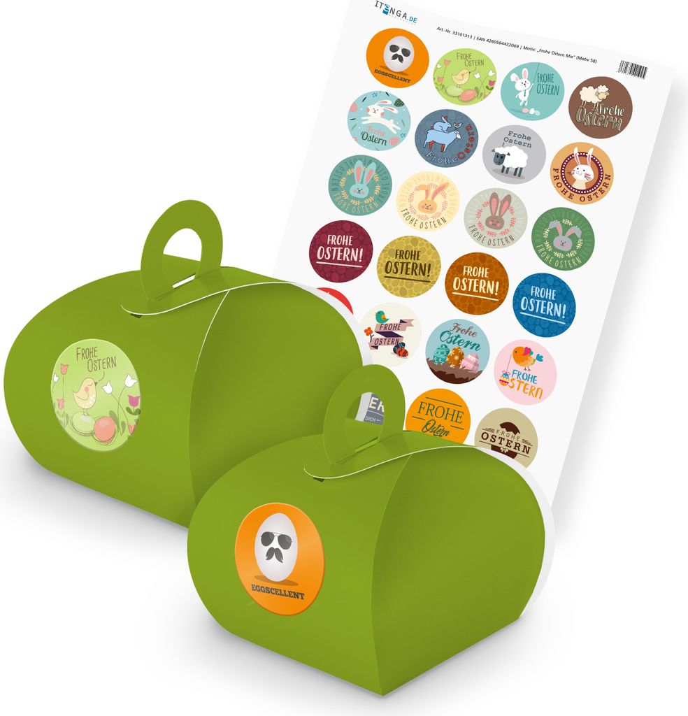 itenga SET Ostern Mix (Motiv 58) 24x Geschenkschachtel mit Griff grün + Stickerb