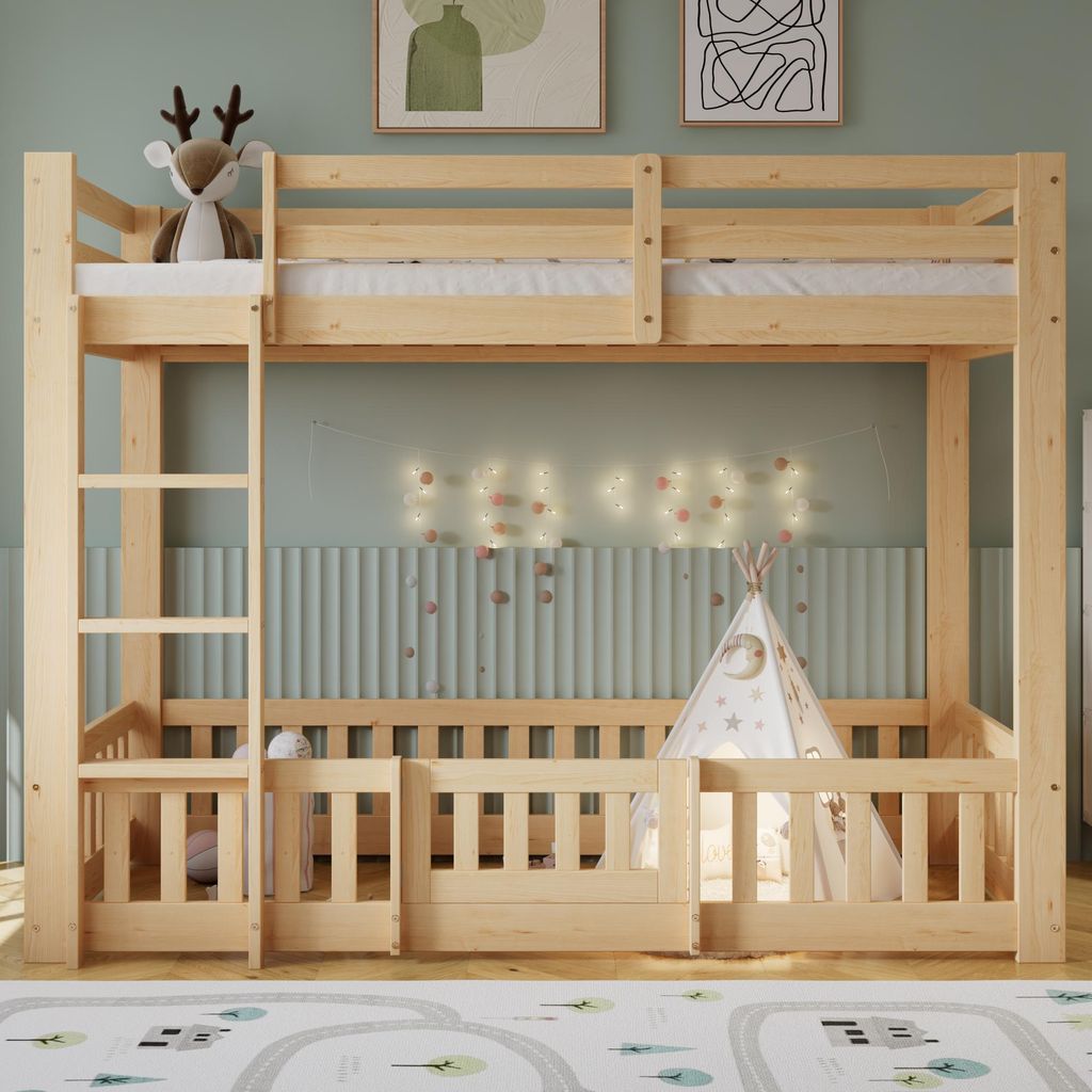 Flieks Kinderbett Etagenbett 90*200cm mit Rausfallschutz, Leiter und Tür, Spielbett für Kinder Hochbett