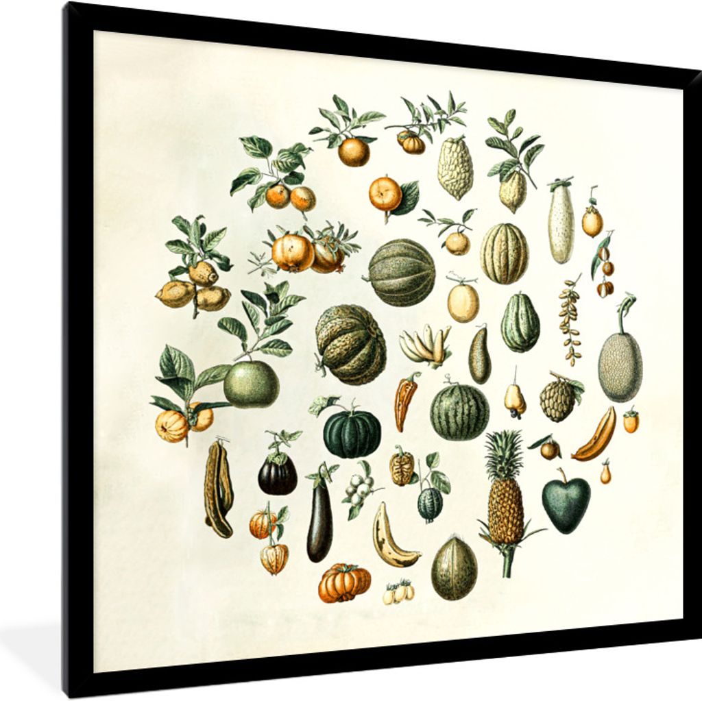 MuchoWow Gerahmtes Poster Gemüse - Obst - Jahrgang 40x40 cm - Poster mit Schwarzem Bilderrahmen Wandposter Rahmen Foto Bilder - Mit Rahmen - Wan...