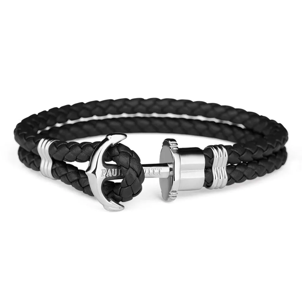 Paul Hewitt PHREP Bracciale Ancora Argento Nero XL | Pelle e Acciaio