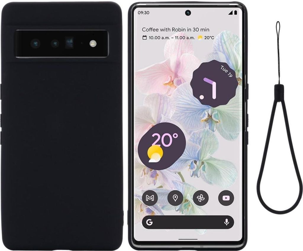 A black phone case is shown next to a smartphone displaying a lock screen with weather and calendar information.