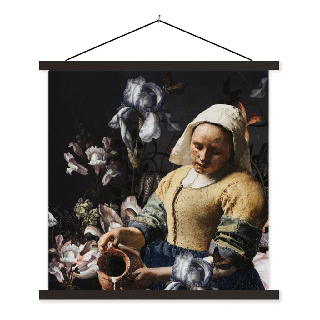 MuchoWow Textilposter Milchmädchen - Johannes Vermeer - Blumen 120x120 cm mit schwarzem Rahmen - Aufhängungsset