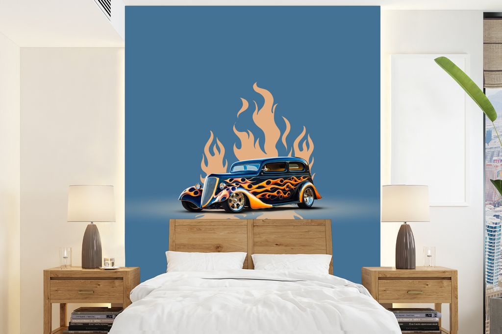 MuchoWow Fototapete für Wohnzimmer oder Schlafzimmer Wandtapete Vinyl Motivtapete Auto - Oldtimer - Blau - Flammen - 160x220 cm - Bildschirmhint...