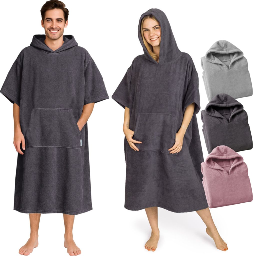 Frottee Badeponcho Damen Herren - Strandponcho 100% Baumwolle Surf Poncho Erwachsene Handtuch Kapuze Bade Surfponcho Bademantel Anthrazit L/XL