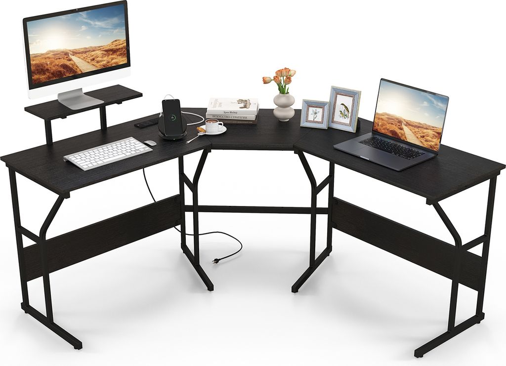 COSTWAY Schreibtisch L-Form, reversibler Eckschreibtisch mit Monitorständer und Ladestation, Gaming Computertisch, Bürotisch Schwarz