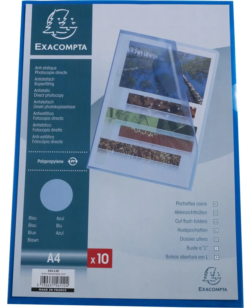 Pochettes Coin A4 en Plastique Bleu Grainé Exacompta - Lot de 10x10