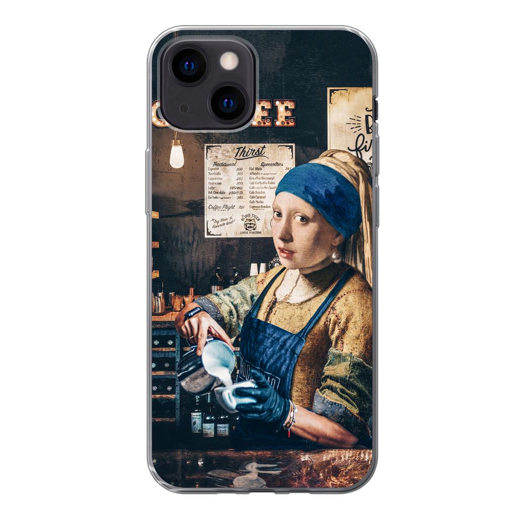 MuchoWow Handyhülle Schutzhülle Hülle für iPhone 13 mini Mädchen mit Perlenohrring - Cappuccino - Barista - Vermeer - Kaffee - Gemälde Sili...