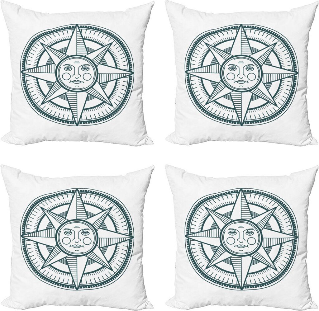 ABAKUHAUS Kompass Kissenbezug Set (4 Stück), Sun Center Navigation Kunst, Moderner Doppelseitiger Digitaldruck, 40 cm x 40 cm, Dunkler Teal weiß