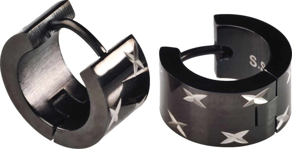 viva-adorno Edelstahl Creolen Schwarz Silber mit Schliff Edelstahl Ohrringe Klappcreolen SH46B