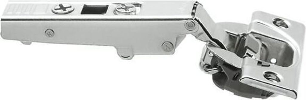 A single cabinet hinge is shown against a white background.