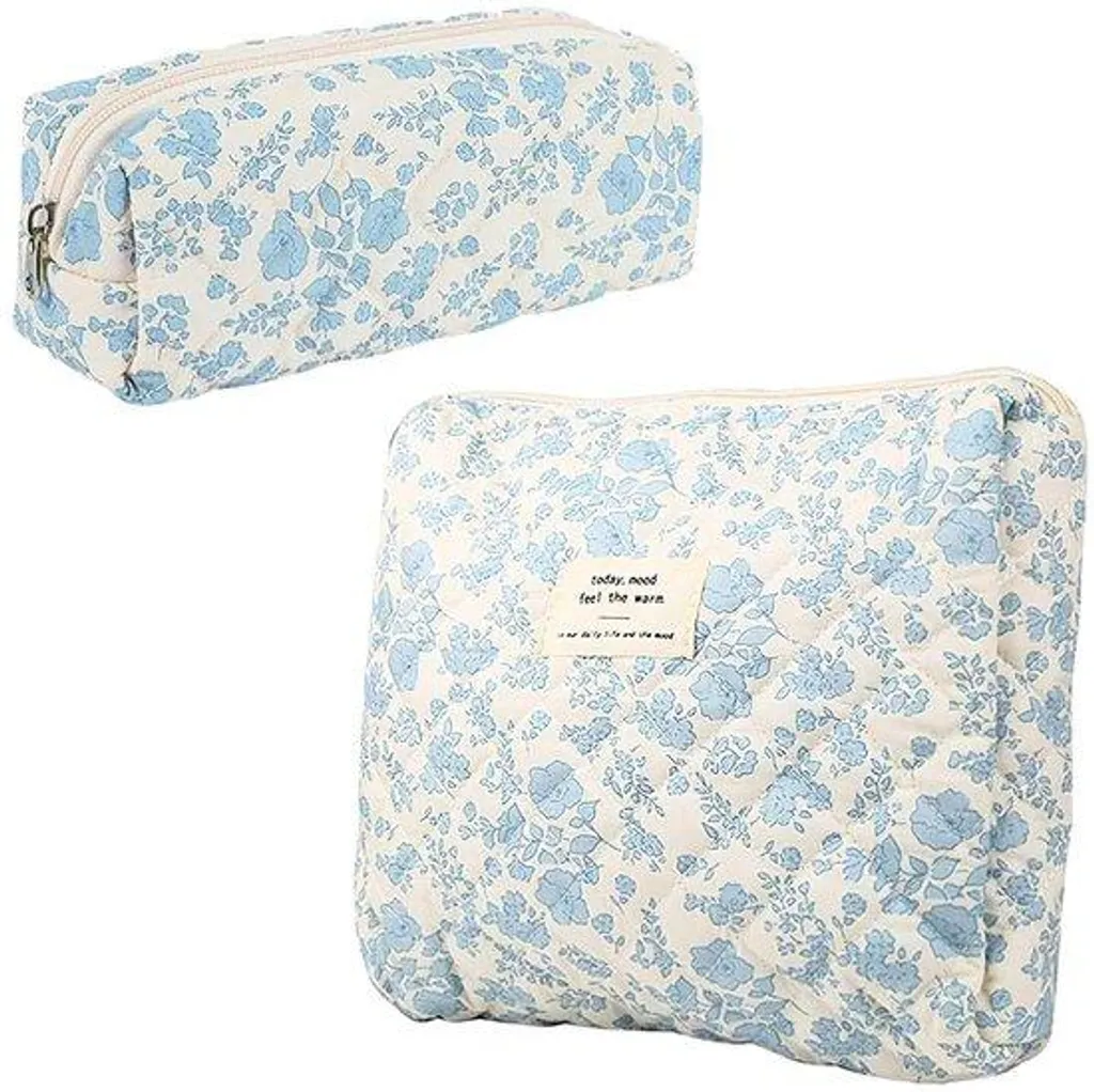 Grande trousse de toilette pour femme en tissu coton à fleurs bleues