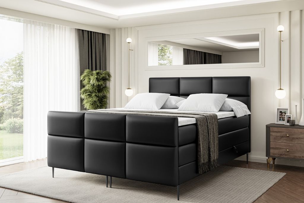 ALTDECOR Boxspringbett mit Schwarz Füßen, Matratze und Lattenrost, Topper, Fußteil, Polsterbett mit Bettkasten, Bett mit Stauraum H3- und H4- Ma...