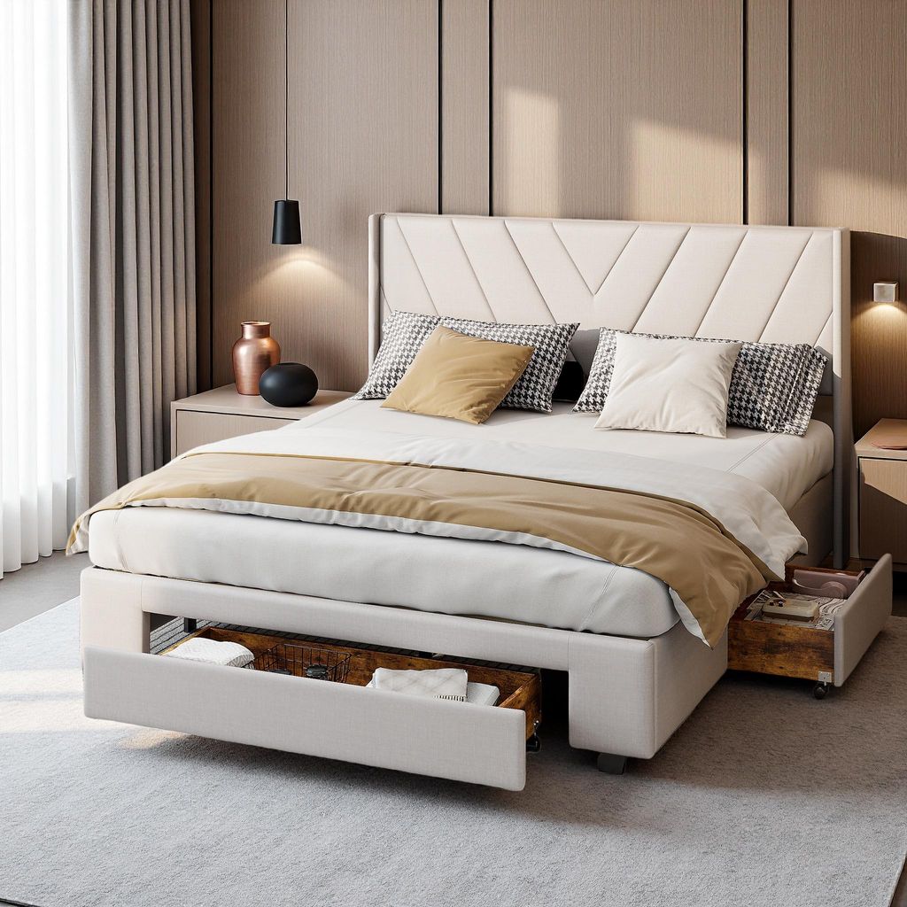 ProximaX Doppelbett 140x200 cm, Polsterbett mit 3 Schubladen & Stauraum | Beige Stoff, Lattenrost inklusive