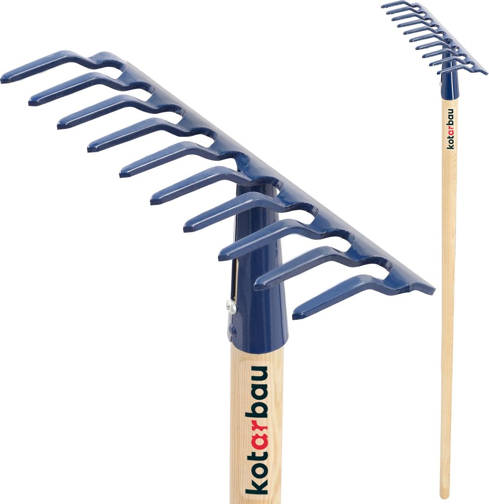 KOTARBAU Laubrechen 26 cm Metall Rechen für Gras & Laub mit Holzstiel 135 cm Gartenrechen Rasenrechen mit 10 Zinken Stahl Marineblau
