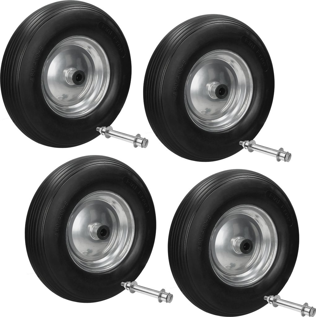 ECD Germany 4er Set Schubkarrenrad aus pannensicherem PolyurethanVollgummi, Ersatzrad Gummirad mit Achse, 4.80/4.00-8, Durchmesser 390 mm, Schwarz,...