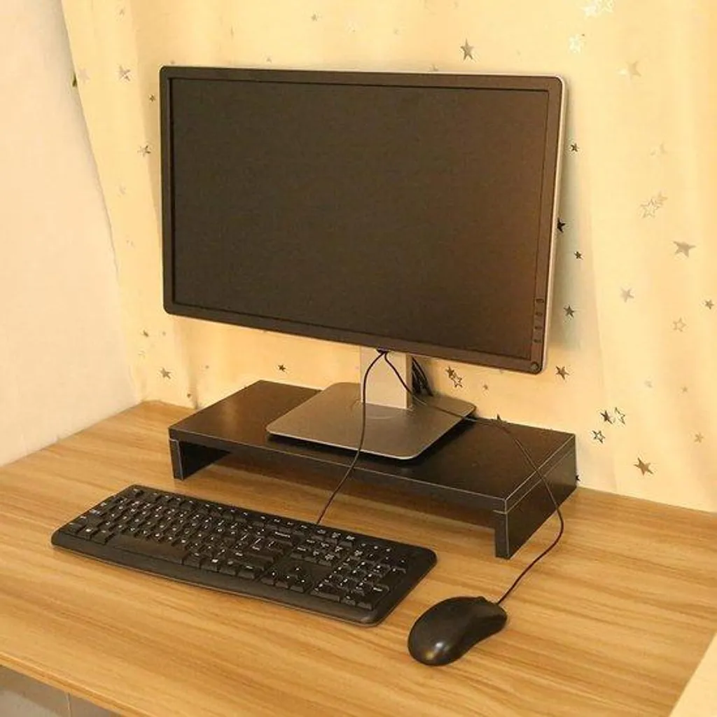 Support bois PC noir peu encombrant - Socle avec rangement intégré