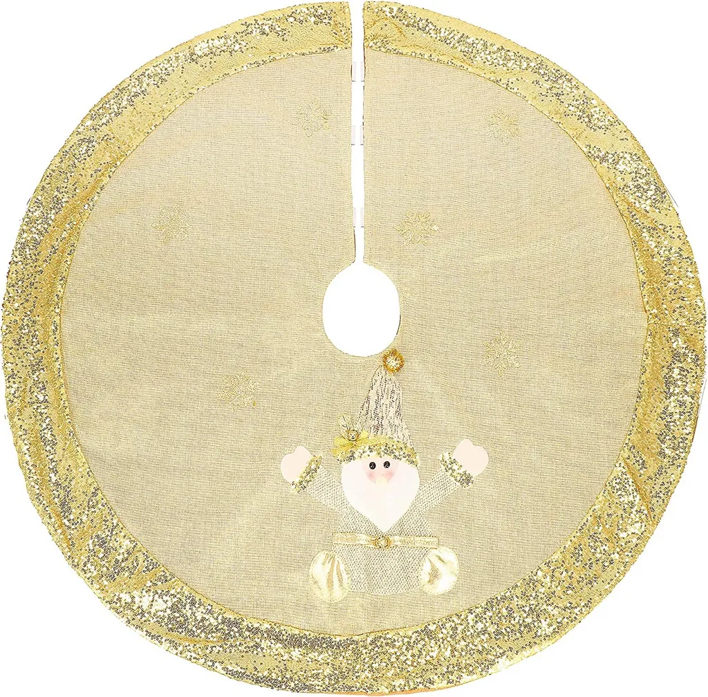 Décoration Pied de Sapin de Noël 110 cm Tapis Père Noël Doré et Blanc