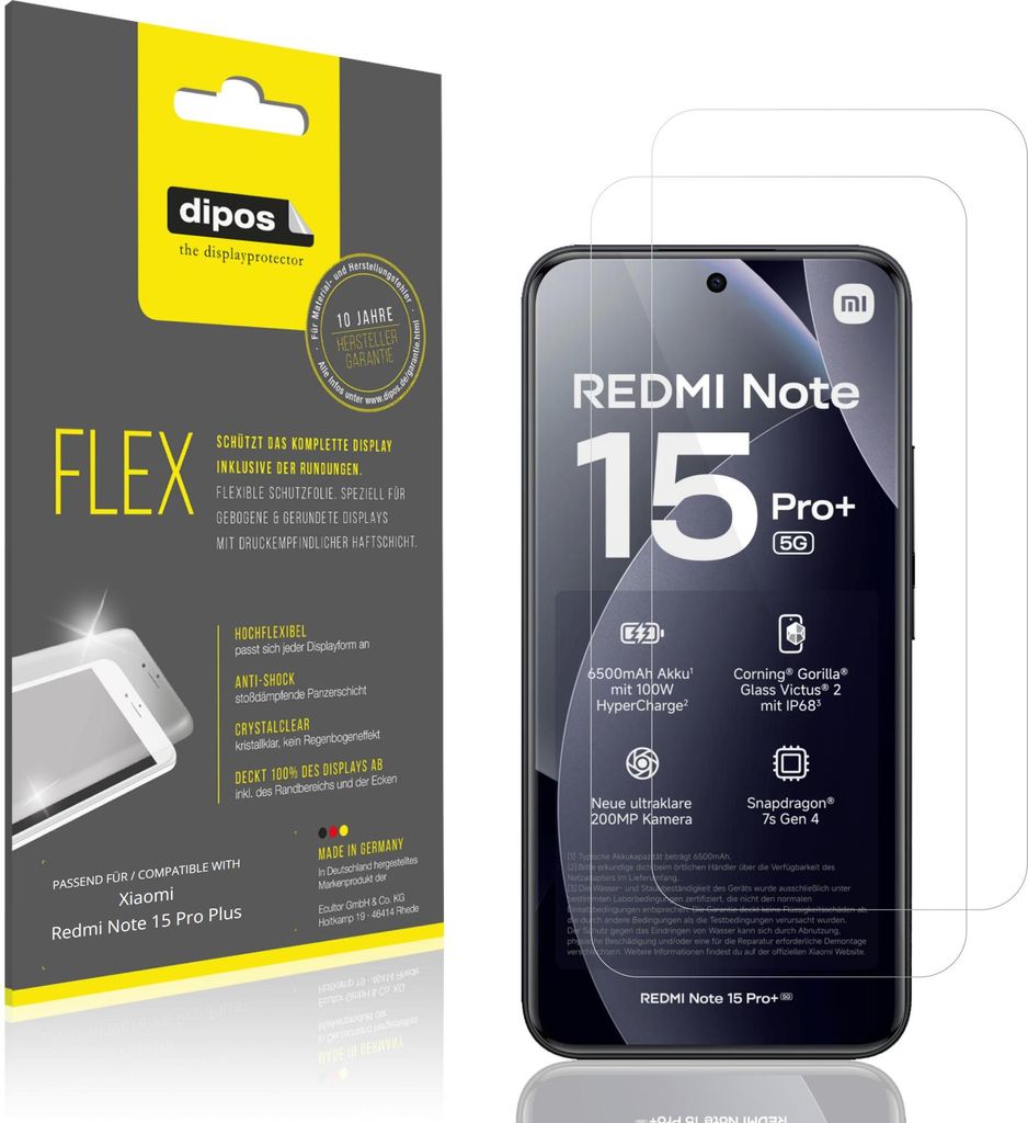2x Schutzfolie für Xiaomi Redmi Note 15 Pro Plus Folie, 100% Displayabdeckung, dipos Flex