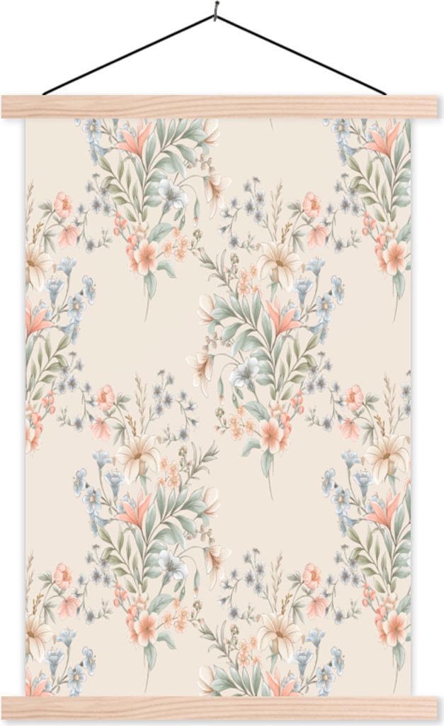 MuchoWow Textilposter Blumen - Rosa - Blätter 40x60 cm mit holzfarbenen Rahmen - Poster