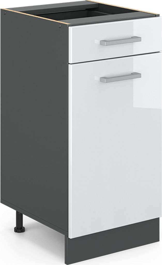 A white and gray kitchen base cabinet with two drawers and silver handles, shown from a three-quarter front view on a white background.