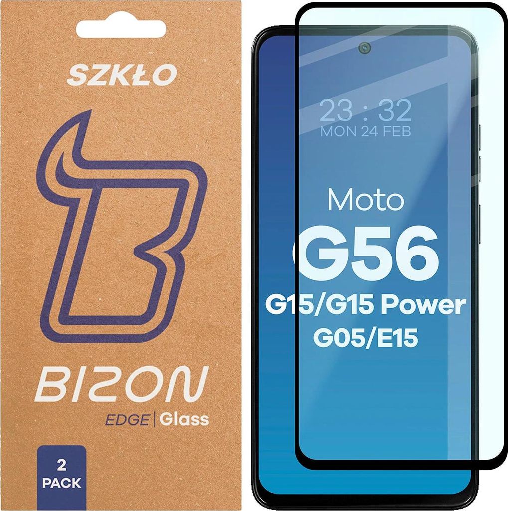 Gehärtetes Glas für Motorola Moto G15 / G15 Power / G05 / E15 / G56 5G, Bizon Glass Edge Duo, Schwarzer Rahmen, 2 Stück