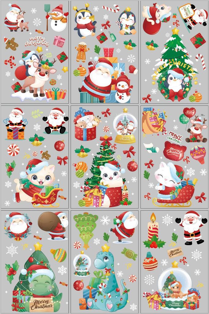9-teiliges Set selbstklebender Weihnachtsaufkleber für Glas, Schneemann, Elch, Weihnachtsmann, Weihnachtsbaum – abnehmbare, dekorative Fensterau...