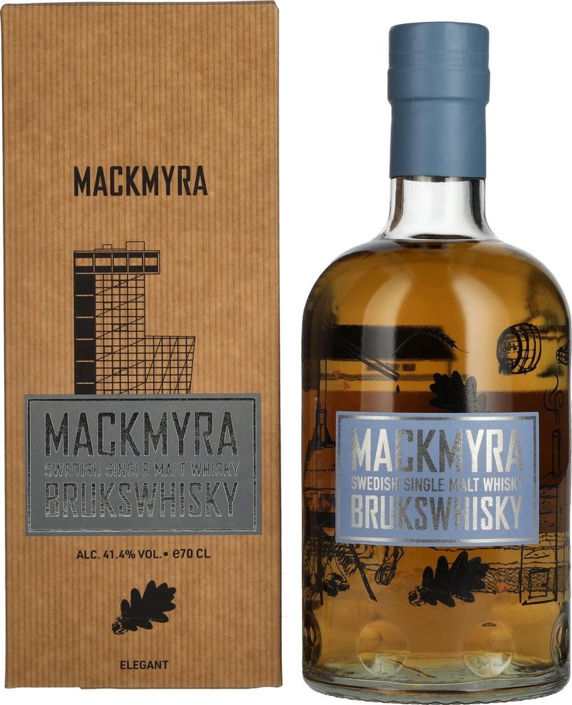 A bottle of Mackmyra Brukswhisky and its cardboard box are displayed against a white background.