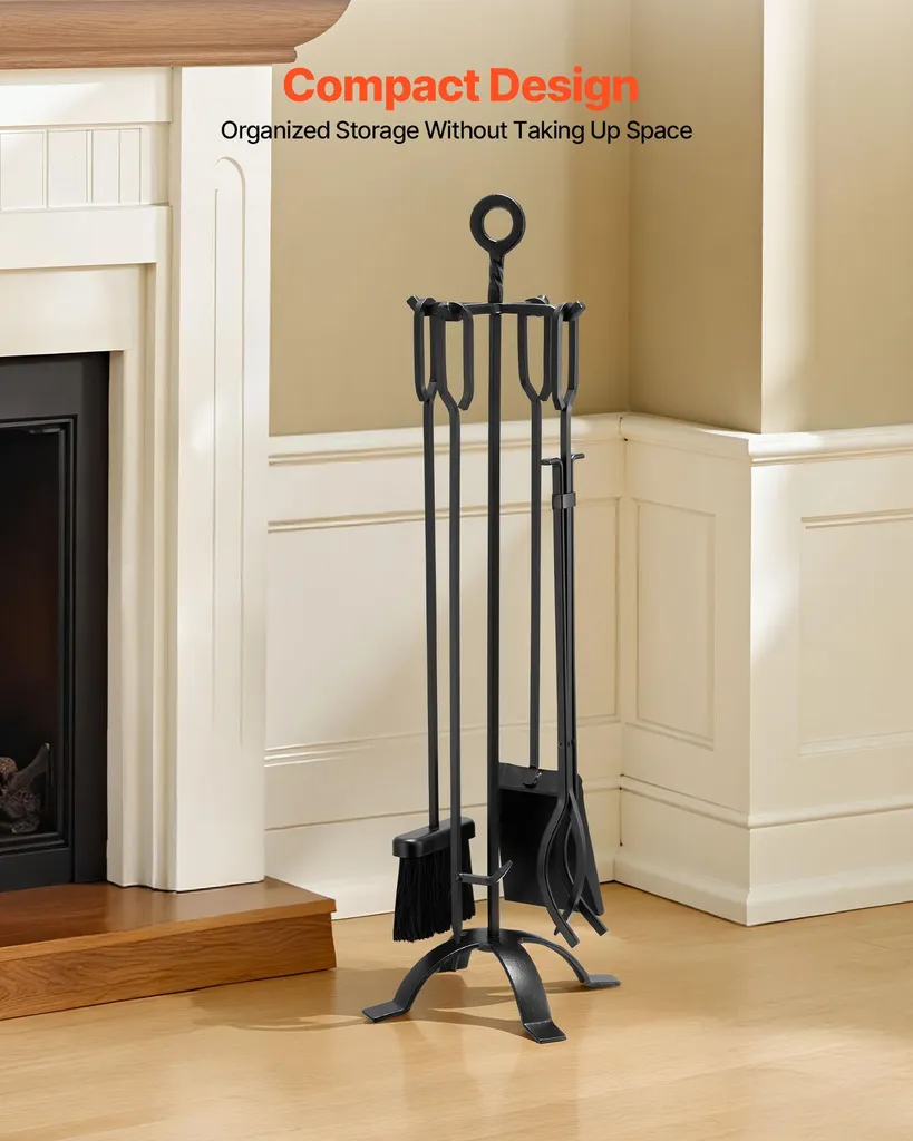 Serviteur de Cheminée Complet avec Support et 4 Accessoires de Feu