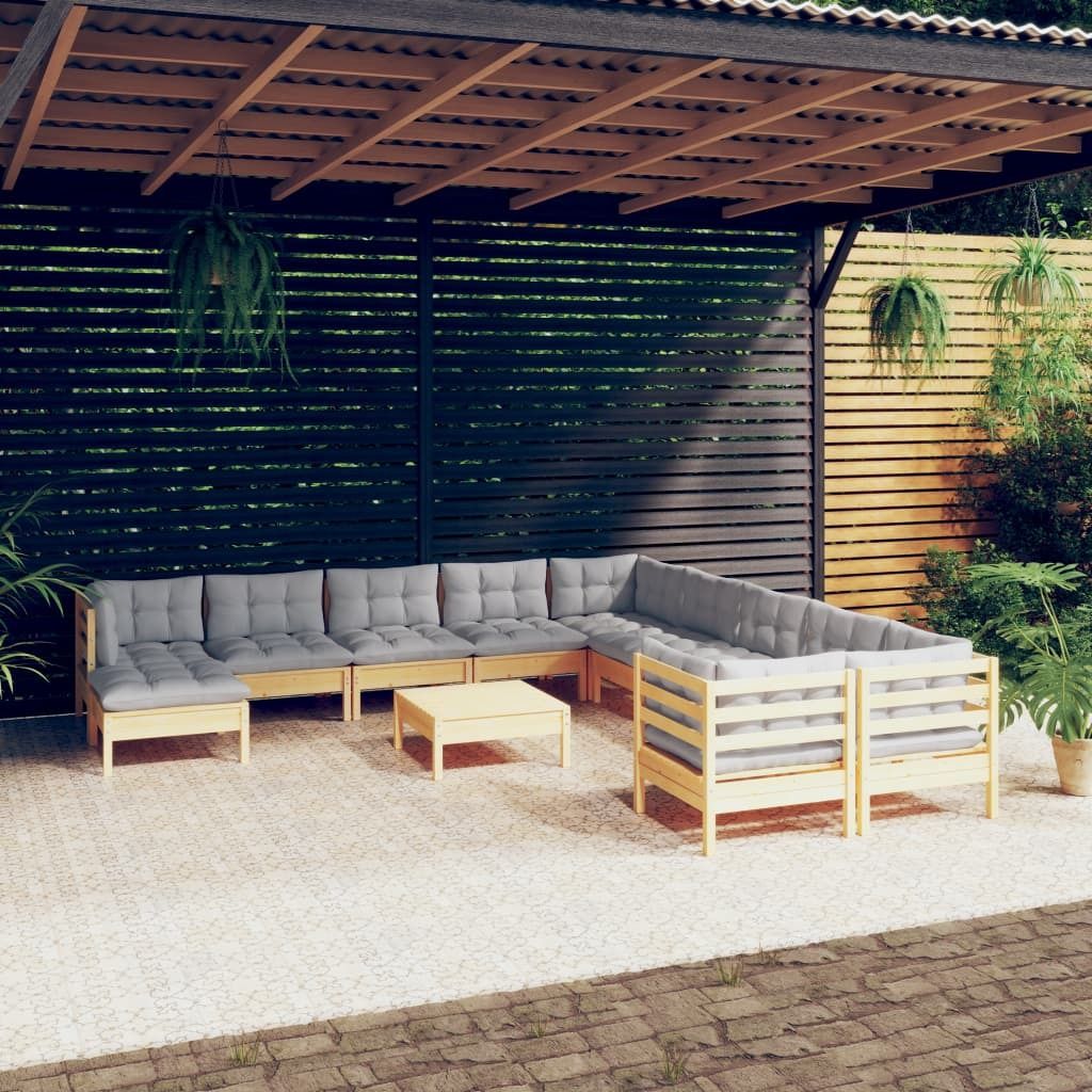 Maison Exclusive - 12-tlg. Garten-Lounge-Set mit Grauen Kissen Kiefernholz
