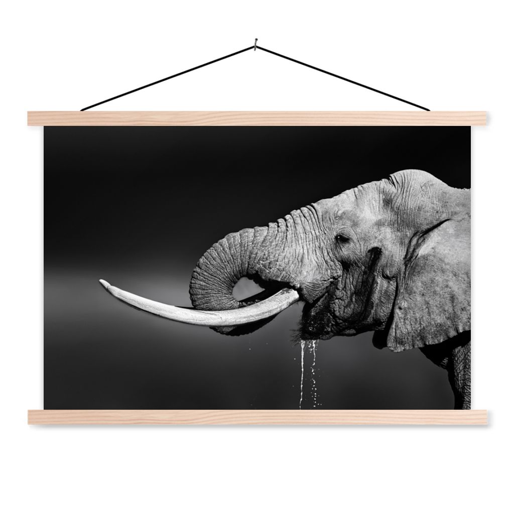 MuchoWow Textilposter Elefant - Wasser - Tiere - Schwarz - Weiß 60x40 cm mit holzfarbenen Rahmen - Bilder