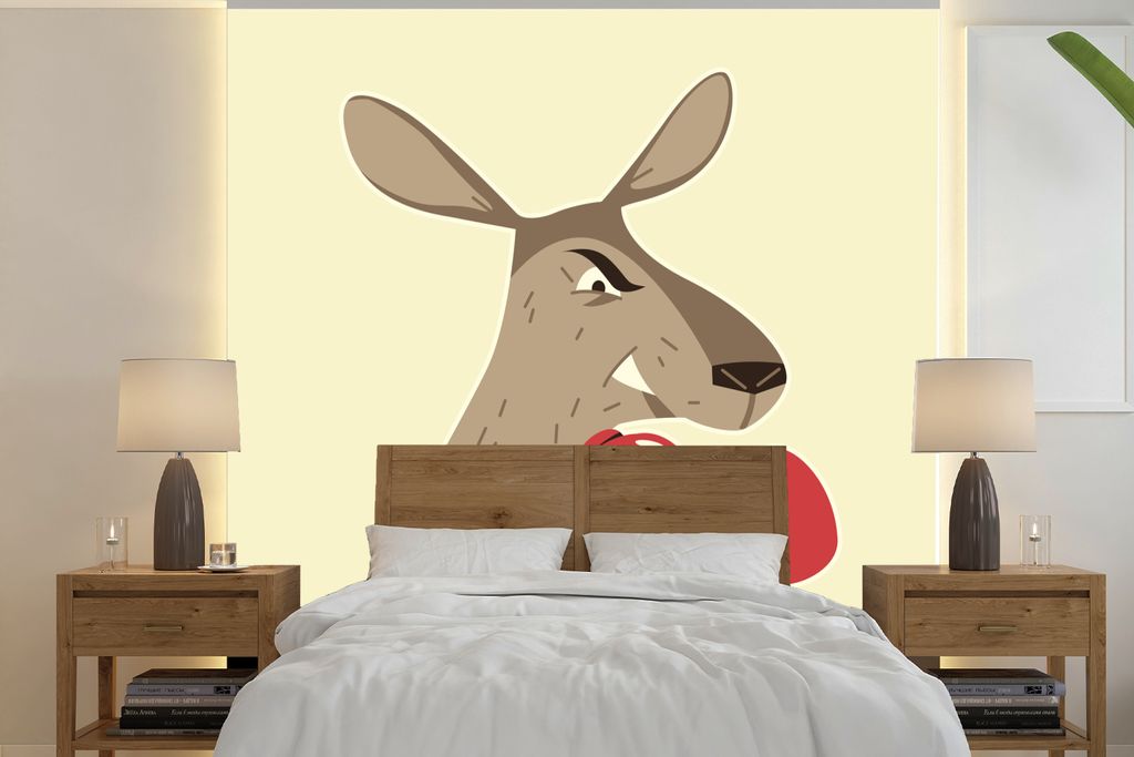 MuchoWow Fototapete für Wohnzimmer oder Schlafzimmer Wandtapete Vinyl Motivtapete Känguru - Boxhandschuhe - Pastell - 350x350 cm - Schlafzimmer...