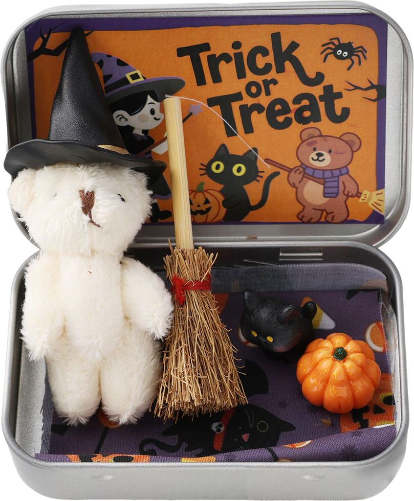Halloween-Bär in einer Schachtel, handgefertigt, süßer Hexenbär in einer Dose für Süßes oder Saures, Miniatur-Plüschbär mit Besen, Kürbis...