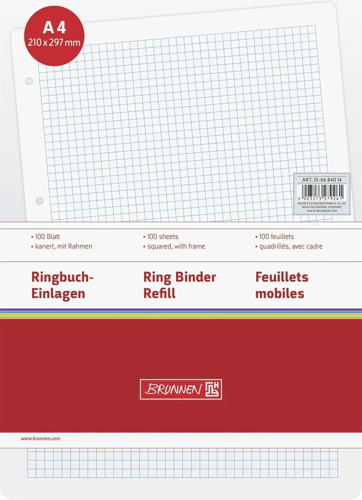 Recharge Papier A4 Quadrillé BRUNNEN pour Classeur - Paquet 100 Pages